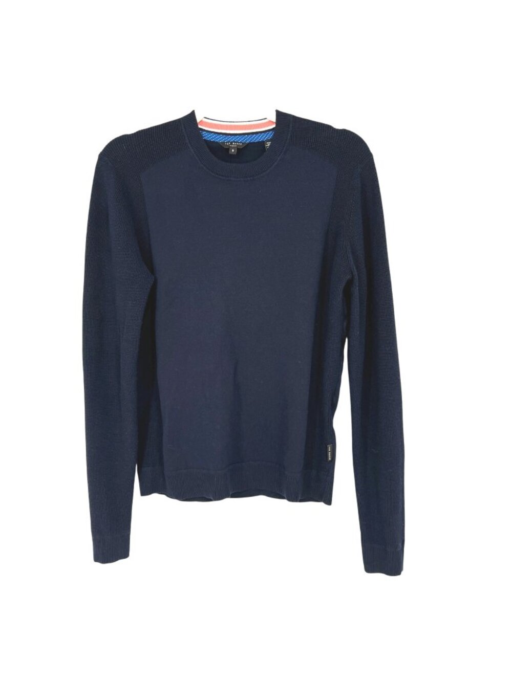Ted Baker Men's Ribbed Sleeve Mixed Texture Crewneck Sweater Navy Blue Medium